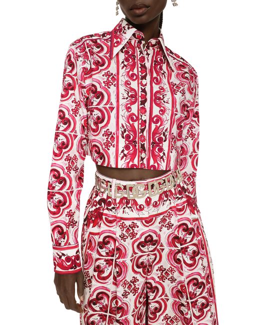 Dolce & Gabbana Red Cropped-Bluse Aus Popeline Majolika-Print