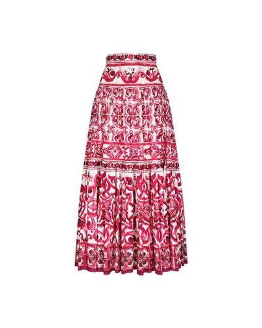 Dolce & Gabbana Red Long Majolica-Print Poplin Skirt