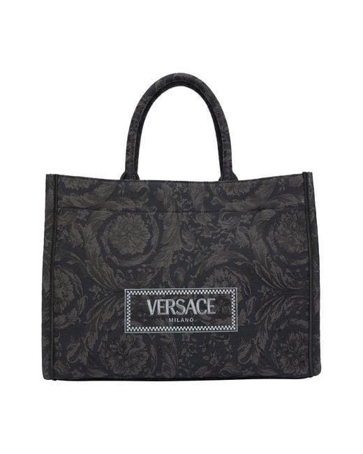 Versace Black Embroidered Jacquard Barocco And Calf Leather Large Tote