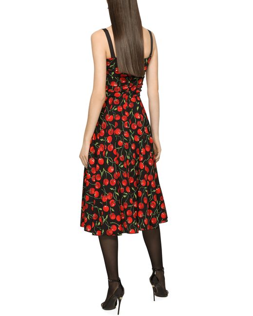 Dolce & Gabbana Red Long Dress In Cherry Print Charmuse