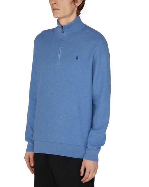Polo Ralph Lauren Blue Cotton Piqué High-Neck Zipped Sweater for men