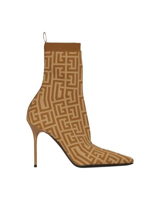 Balmain Brown Stretch Knit Skye Ankle Boots With Monogram