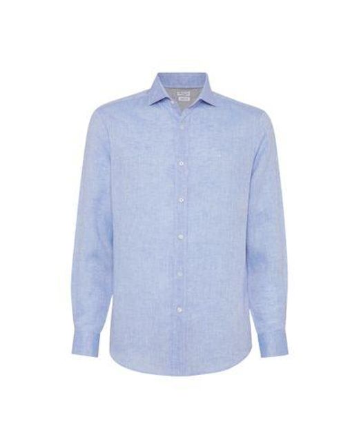 Brunello Cucinelli Blue Linen Easy Fit Shirt With Spread Collar for men