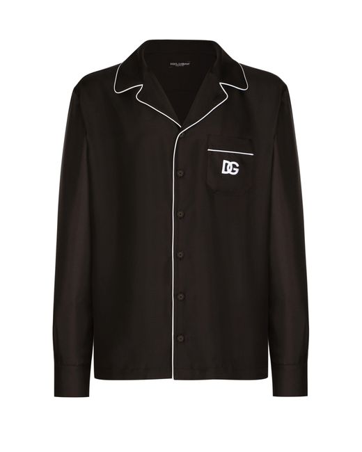 Dolce & Gabbana Black Silk Shirt With Logo-embroidered Patch for men