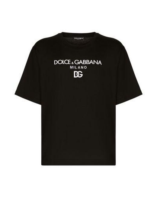 Dolce & Gabbana Black Cotton T-shirt With Dg Embroidery for men