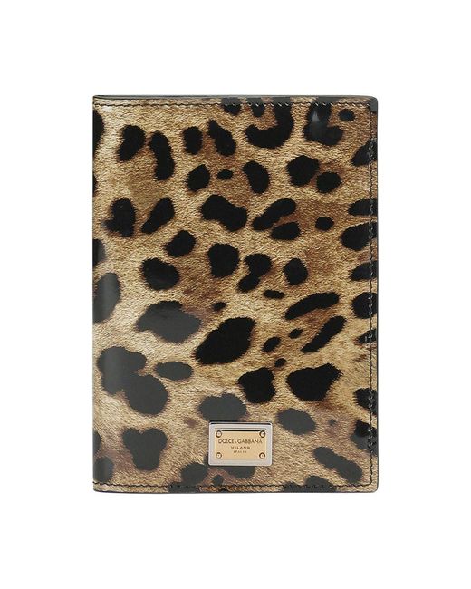 Dolce & Gabbana Metallic Polished Calfskin Passport Holder With Leopard Print