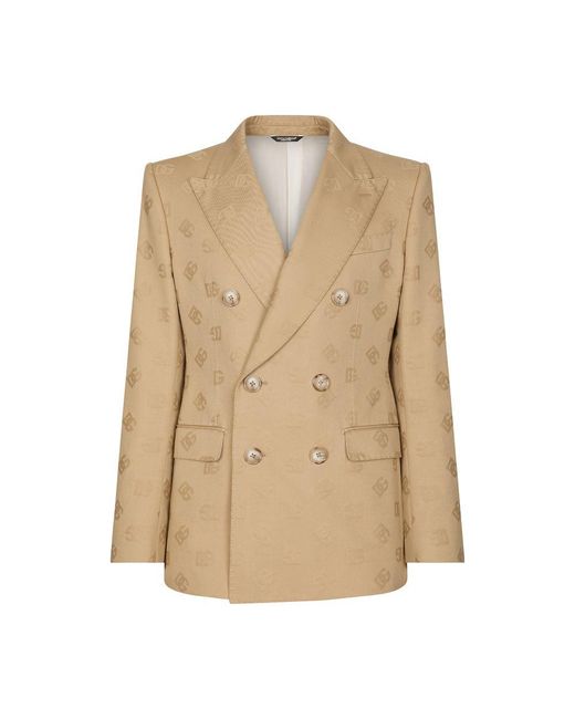 Dolce & Gabbana Natural Tailored Double-breasted Cotton Jacket With Jacquard Dg Details for men