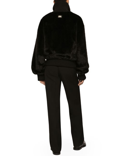 Dolce & Gabbana Black Faux Fur Jacket With Logo Plaque for men