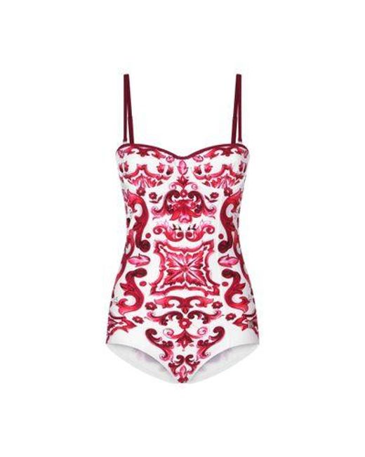 Dolce & Gabbana Red Majolica Print Balconette One-Piece Swimsuit