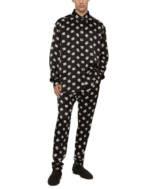 Dolce & Gabbana Black Silk Twill Pants With Dg Monogram Print for men