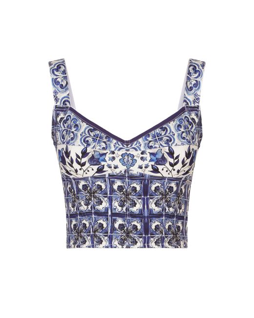 Dolce & Gabbana Blue Korsett aus Charmeuse mit Majolika-Print