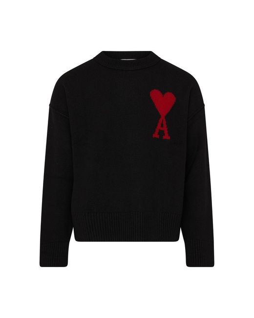 AMI Black Ami De Cœur Crewneck Sweater for men