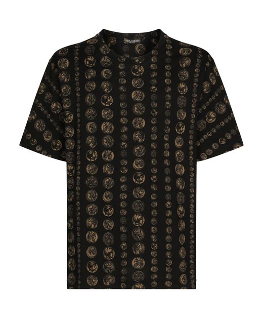 Dolce & Gabbana Black Cotton T-shirt With Coin Print for men