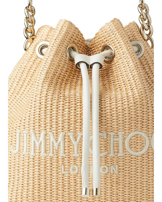 Jimmy Choo Natural T/lat/gold Bon Bon Logo-embroidered Raffia Bucket Bag