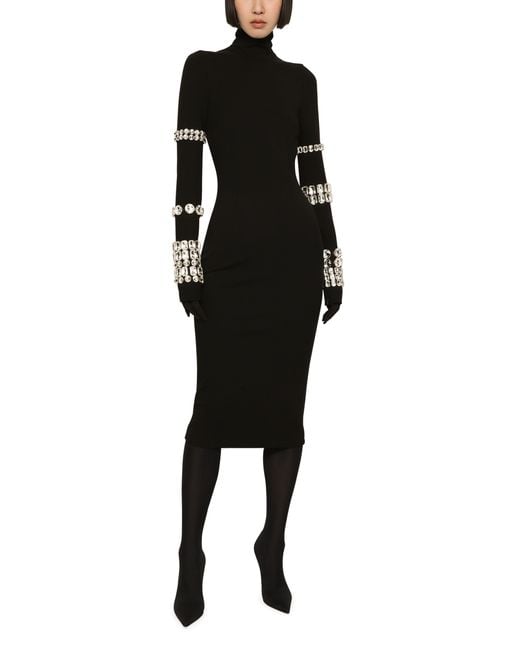 Dolce & Gabbana Black Longuette-Kleid aus Jersey in Milano-Ripp mit Strasssteinen