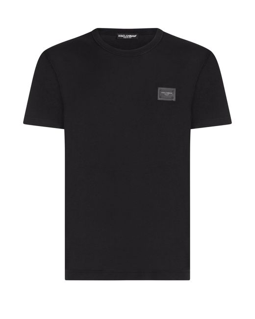 Dolce & Gabbana Black Cotton T-Shirt With Logoed Plaque for men
