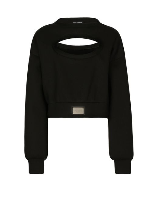 Dolce & Gabbana Black Sweatshirt Aus Funktionsjersey Mit Cut-Out Und Plakette