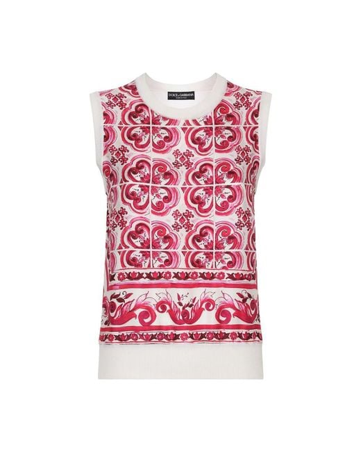 Dolce & Gabbana Red Silk And Twill Maiolica Print Sweater