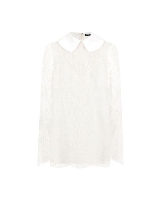 Dolce & Gabbana White Short Lace Dress With Satin Neck