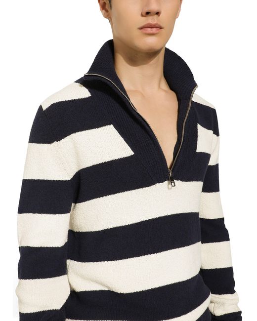Dolce & Gabbana Blue Striped Cotton Pullover With Zipper for men