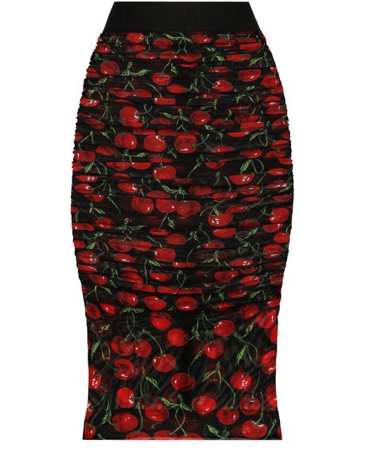 Dolce & Gabbana Red Cherry-Print Tulle Midi Skirt With Branded Elastic And Draping