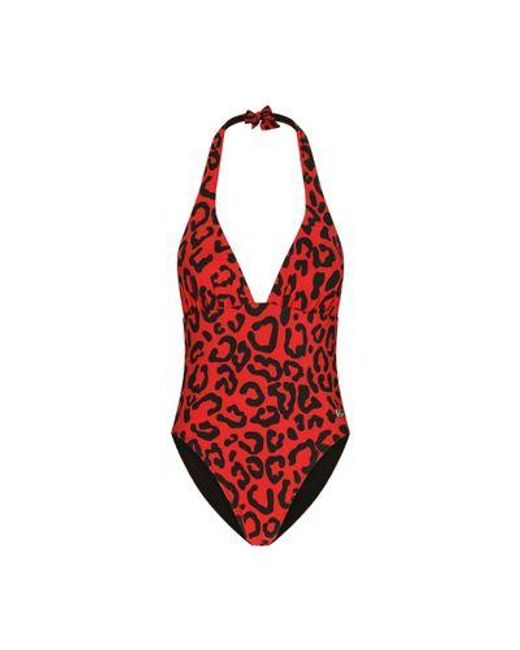 Dolce & Gabbana Red Leopard-print One-piece Swimsuit With Plunging Neckline