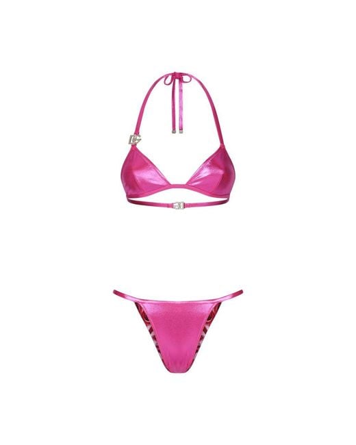 Dolce & Gabbana Pink Laminated Triangle Bikini Top With Dg Logo
