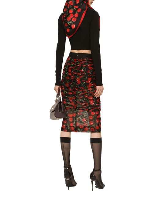 Dolce & Gabbana Red Cherry-Print Tulle Midi Skirt With Branded Elastic And Draping