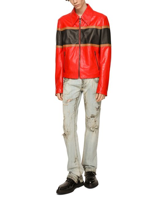 Dolce & Gabbana Gestreifte Hemdjacke aus Leder in Red für Herren
