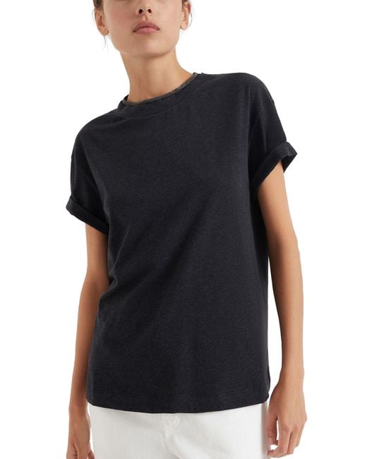 Brunello Cucinelli Blue Jersey Cotton T-Shirt With Superimposed Effect