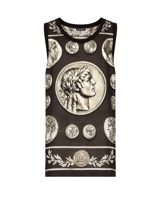 Dolce & Gabbana Black Coin Print Tank Top In Cotton And Linen for men
