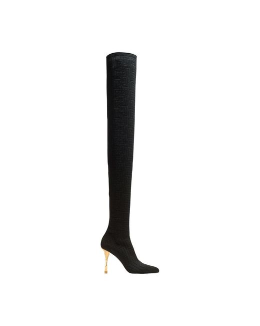 Balmain Black Moneta Mesh Thigh Boots With Monogram