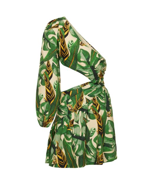 Farm Rio Green One-sleeve Cutout Printed Linen-blend Mini Dress