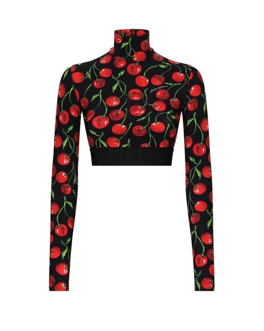 Dolce & Gabbana Red High Collar Jersey Technical Top With Logo Elastic Band And Cherry Print