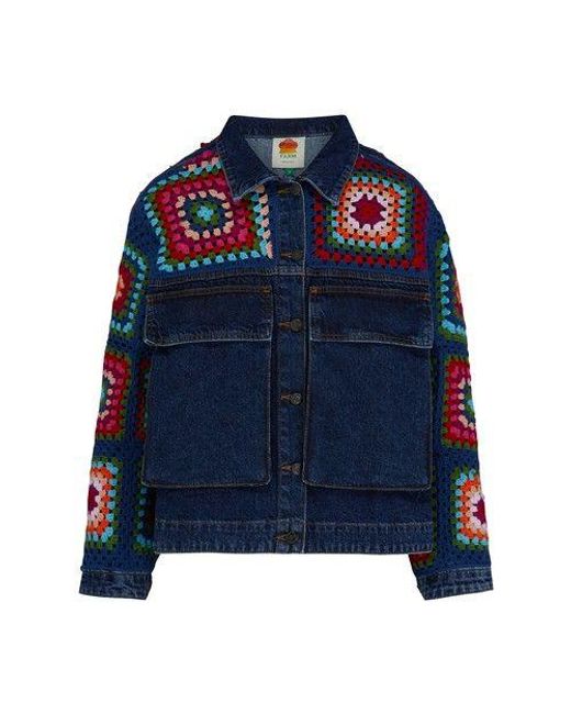 Farm Rio Blue Crochet Squares Denim Jacket