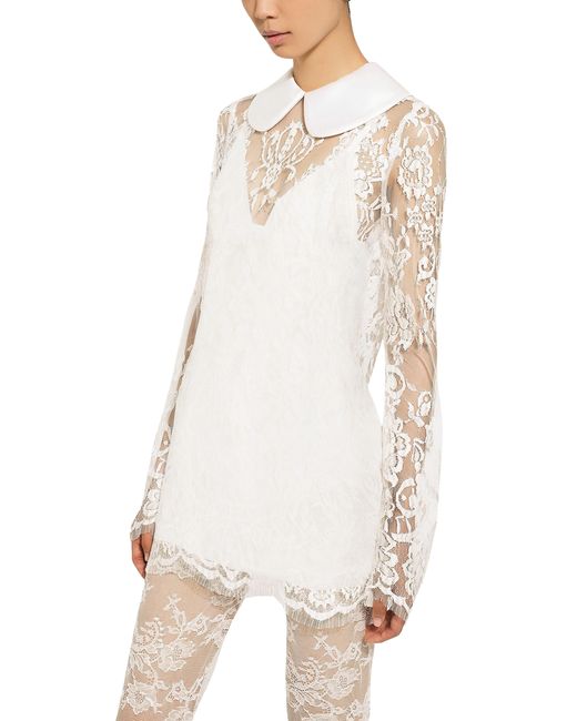 Dolce & Gabbana White Short Lace Dress With Satin Neck