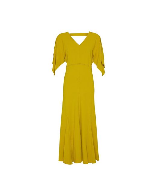 Victoria Beckham Yellow V-Neck Bias Godet Dress