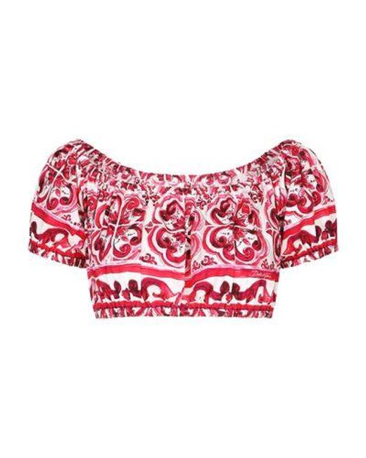 Dolce & Gabbana Red Short Top In Majolica Print Poplin