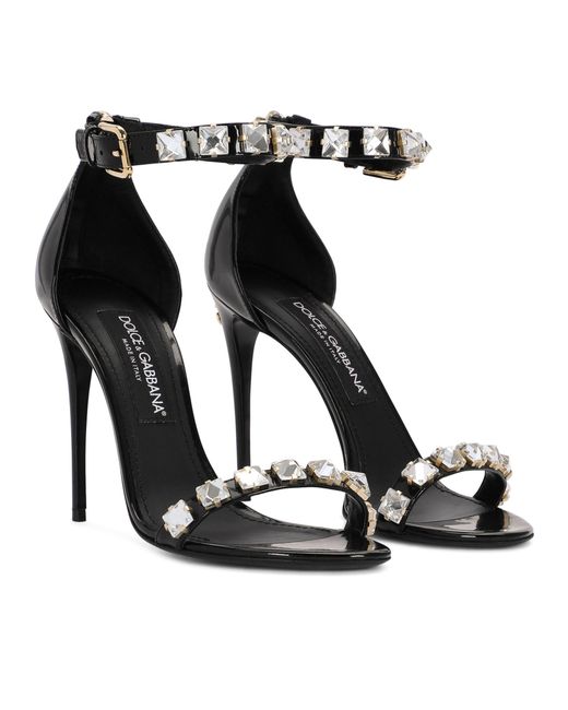 Dolce & Gabbana Black Sandalen aus poliertem Kalbsleder mit Strasssteinen