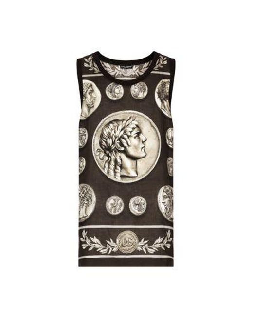 Dolce & Gabbana Black Coin Print Tank Top In Cotton And Linen for men