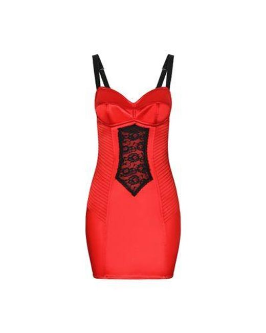 Dolce & Gabbana Red Satin Lace-trimmed Mini Dress