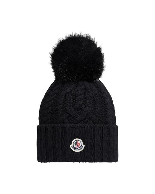 Moncler Black Pom Pom Hat With Logo