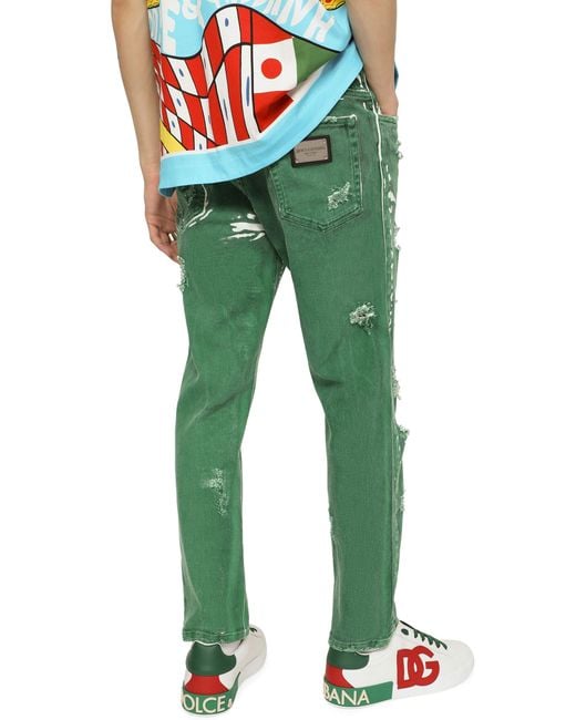 Dolce & Gabbana Loose-Fit-Jeans aus Stretchgewebe mit Overdye-Effekt und Abrieben in Green für Herren