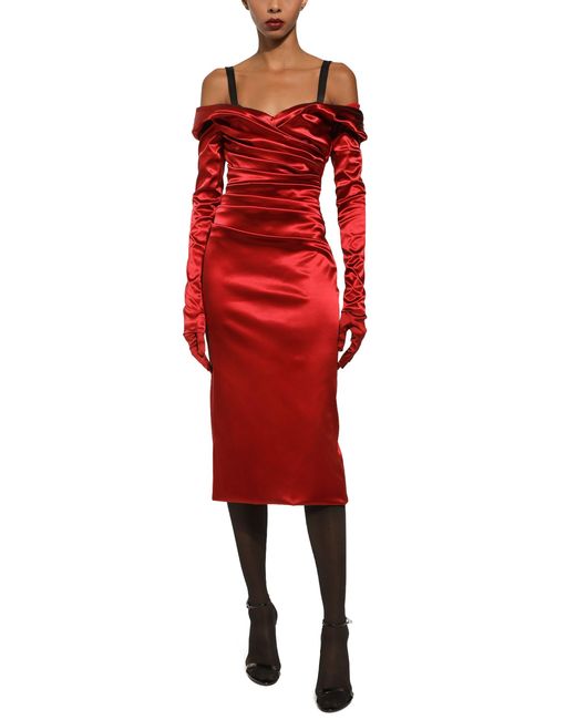 Dolce & Gabbana Red Satin Draped Calf-length Dress