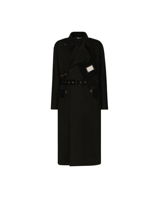 Dolce & Gabbana Black Double-Breasted Baize Trench Coat With Logo Label for men
