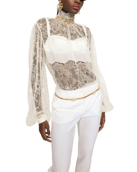 Dolce & Gabbana White Floral Lace Turtle-neck Blouse