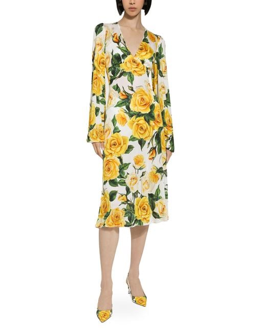 Dolce & Gabbana Yellow Organzine V-Neck Dress