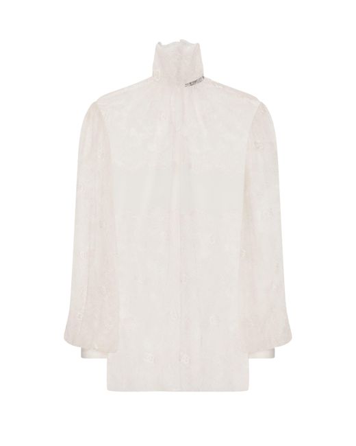 Dolce & Gabbana White Bluse mit hohem Kragen aus floraler Spitze