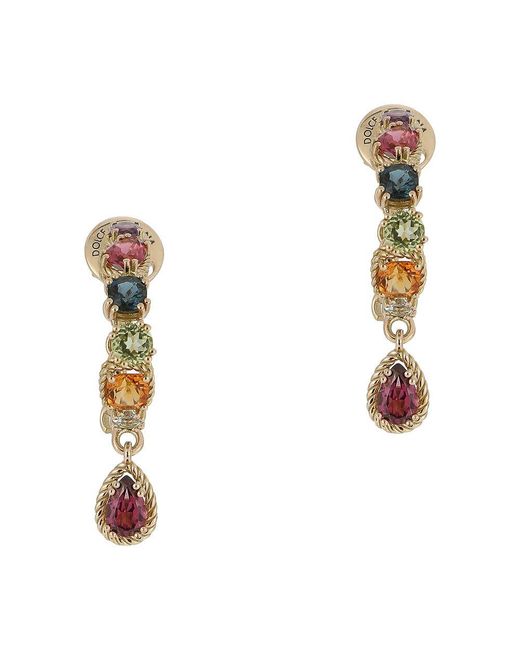 Dolce & Gabbana White 18 Kt Yellow Gold Pierced Earrings With Multicolor Fine Gemstones