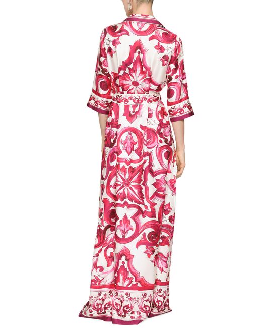 Dolce & Gabbana Red Langes Hemdblusenkleid aus Twill mit Majolika-Print